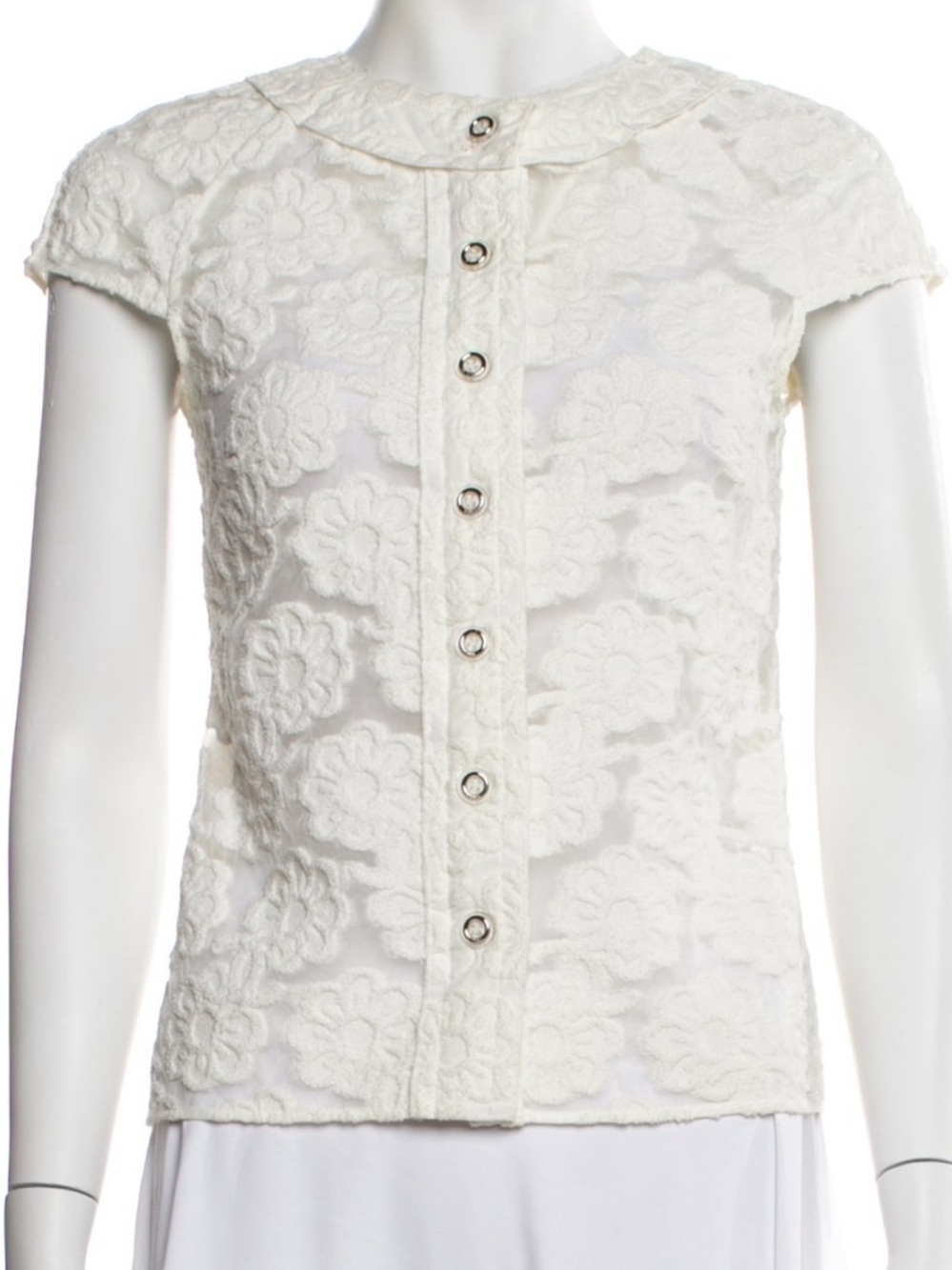 CHANEL VINTAGE 2009 Cream Floral Lace Button-Front Short Sleeve Top
